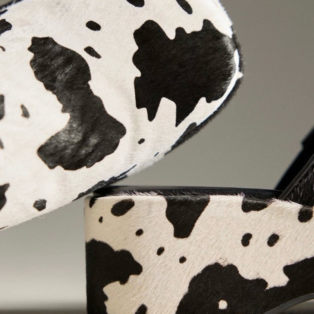 Anthropologie Lisa Says Gah Dakota Platform Clog Black White Cow Faux Hair - Picture 9 of 9